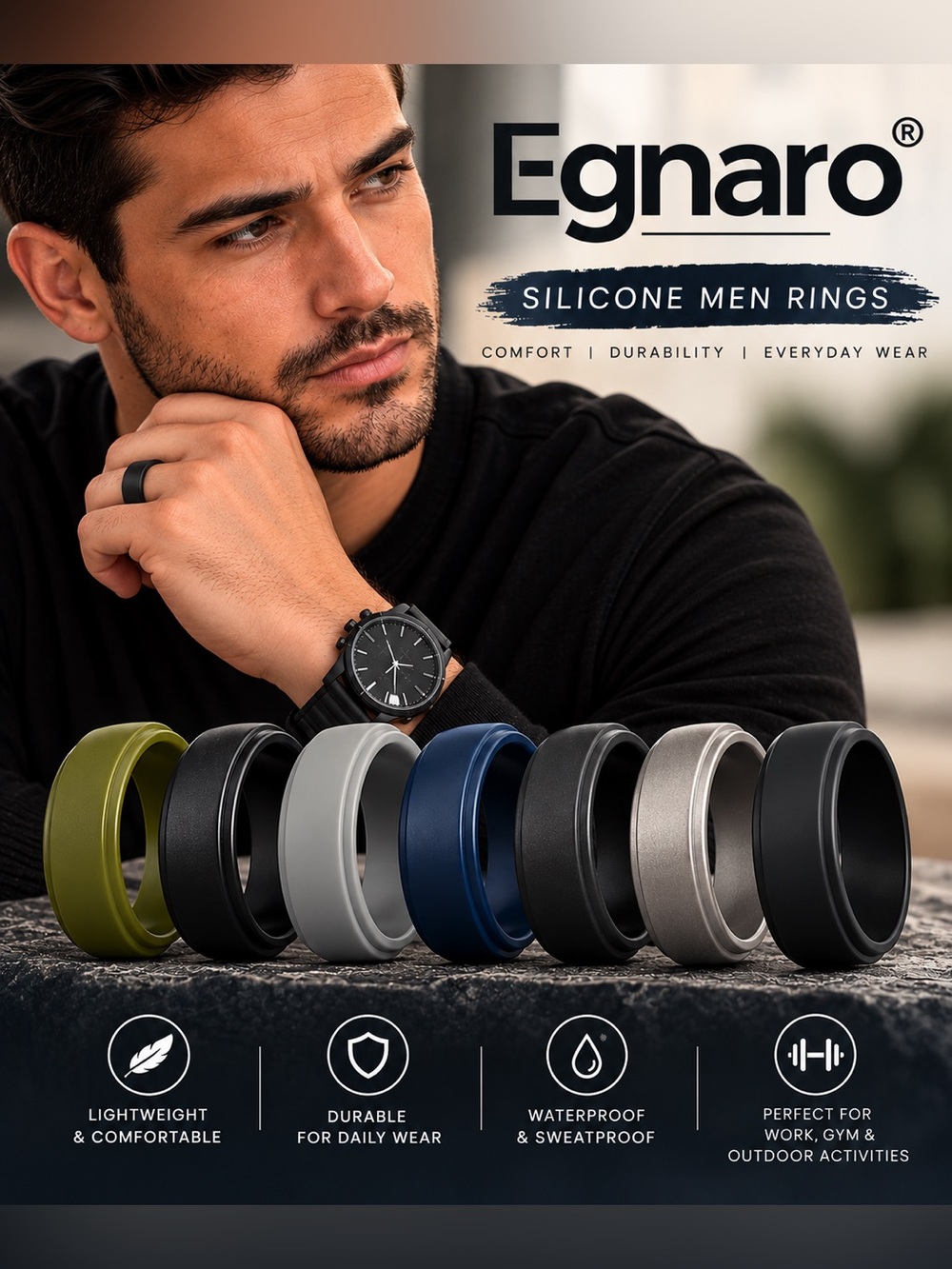 EGNARO 7 pieces silicone men rings.
